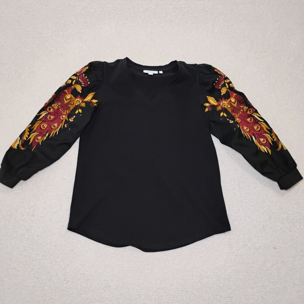 Embroidered Sequin Peacock Blouse Puff Sleeves Maximalist Artsy Glam Sz 0 / Xs